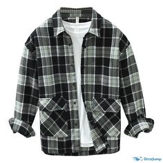 OrcaJump - Loose-fit Plaid Casual Long-Sleeve Shirt Jacket Black Cotton Long-sleeved Shacket, Black Cotton Long Sleeve Shacket, Black Winter Shirt With Pockets, Casual Black Collared Shacket, Plaid Long Sleeve Shacket For Streetwear, Casual Black Cotton Shacket, Black Long Sleeve Shacket For Winter, Casual Long Sleeve Shirts, Style Cardigan