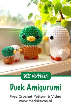 three amigurmi birds sitting on a window sill with text overlay that reads, diy puffies duck amigurmi free crochet pattern & video