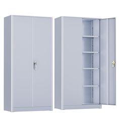 an open and closed steel storage cabinet on a white background with no one in it