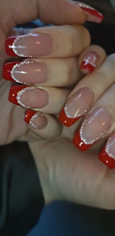 Red Nail Designs For Hoco, Red Nail For Prom, Red And White Nails Prom, Nail Art Designs Red And Silver, Red Sparkly Prom Nails, Red French Tip With Silver Line, Nails With Red Prom Dress, Nails To Go With A Red Prom Dress, Cute Red Nails For Prom