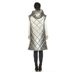 Elevate your winter wardrobe with this stylish hooded long puffer vest featuring a metallic diamond quilted design. Perfect for layering, this long puffer vest is designed to keep you warm while offering a flattering silhouette. The metallic finish adds a touch of modern flair, making this vest a standout piece. The two-way zipper allows for versatile styling and comfort, making it easy to adjust your fit. With a cozy hood for added warmth and side pockets for convenience, this vest is both func Long Puffer Vest, Womens Tailored Suit, Metallic Denim, Quilted Puffer Vest, Long Puffer, Winter Walk, Womens Tie, White Mark, Suit Vest