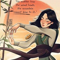 an illustration of a woman holding onto a bamboo tree and saying no water how the wind blows, the mountains cannot't blow to it