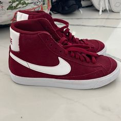 Brand New Nike Burgundy High Top Blazer Sneakers Size 5.5 Unisex! High Top Red Nike, Sporty Burgundy High-top Sneakers, Burgundy High-top Sneakers For Streetwear, Nike Burgundy Sporty Sneakers, Nike Sporty Burgundy Sneakers, Nike Sporty High-top Canvas Shoes, Casual University Red Lace-up Skate Shoes, Casual Burgundy High-top Sneakers, University Red High-top Casual Skate Shoes