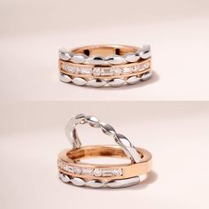 two different views of rings with diamonds on each one and the other in gold, silver or rose gold