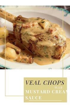 meat chops with mustard cream sauce on a white and blue plate next to potatoes