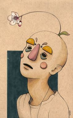 a drawing of a man with an odd face and flower on his head is shown