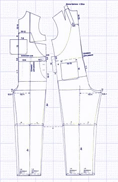 the front and back view of a sewing pattern, with measurements for each piece on it