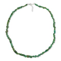 KALIFANO Green Anhui Turquoise Bead 24" Necklace  Nuggets of gorgeous, green turquoise make this simple beaded necklace design a fun, fashionable addition to any outfit. Wear it solo or pair it with other pieces for a lovely, layered took.       Approx. 24"L x 1/4"W with 1-3/4" extender     Stamped .925; rhodium plating     Lobster claw clasp     Necklace has irregular, nugget-shaped beads of green turquoise in single strand   Stone Information       All sizes and weights approximate     Stabili Turquoise Gemstone Beads Necklace In Jade, Turquoise Beaded Jade Necklace, Turquoise Jade Necklace With Gemstone Beads, Turquoise Emerald Necklace With Single Strand Round Beads, Turquoise Emerald Necklace With Round Beads, Turquoise Jade Beaded Necklace With Polished Beads, Adjustable Turquoise Jade Beaded Necklace, Green Bohemian Single Strand Turquoise Necklace, Adjustable Beaded Green Emerald Necklace