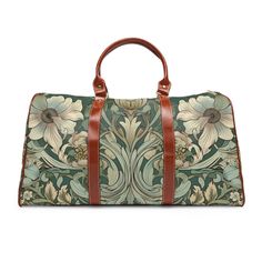 "Sage Green Floral Cottagecore Waterproof Travel Bag, Witchy Whimsical Vegan leather top handles weekender bag with shoulder strap duffle This travel bag is all about style. Made with high-grade waterproof fabric, it's a highly durable means of transferring your essentials wherever you go. With multiple compartments, a resilient carrying handle, and an adjustable shoulder strap, it's the perfect companion for all your adventures.  .: 100% high-grade Vegan leather .: One size: 20\" × 12'' × 9\" (50.8cm × 30.5cm × 23cm ) .: Brown Vegan leather handles and an adjustable shoulder strap .: Polyester lining .: Gold-colored zipper  .: All-over print ❣️Actual colours may vary. This is due to computer monitors displaying colours differently and everyone can see these colours differently. We try ext Green Rectangular Duffle Bag With Adjustable Strap, Green Duffle Bag With Luggage Sleeve, Green Rectangular Weekender Bag For Trips, Rectangular Weekender Bag With Handles For Overnight Trips, Green Rectangular Weekender Bag With Luggage Sleeve, Green Satchel Travel Bag With Leather Handles, Green Duffle Bag With Leather Handles For Daily Use, Green Rectangular Weekender Bag For Overnight Trips, Green Rectangular Travel Bag With Leather Handles