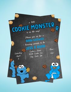 a cookie monster birthday party card with cookies on the front and bottom, in blue