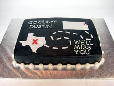 a cake that has been decorated to look like the state of texas and goodbye dustin on it