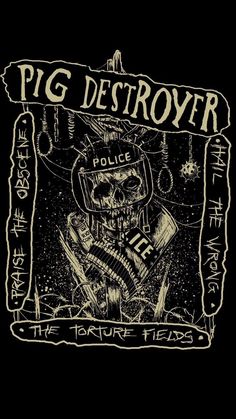 a black and white drawing of a skull wearing a helmet with the words pig destroyer on it