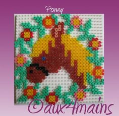 an image of a horse made out of perler beads on a purple background with the words, poney