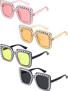 PRICES MAY VARY. You will get: 4 pieces square glasses in different colors, they are black frame gray lens, light pink glasses, light coffee glasses and black frame light yellow lens respectively; Different colors are easy to match your outfits Lightweight material: the fashionable retro oversize sunglasses is made of polycarbonate, lightweight and comfortable to wear Groove design: these sparkling sunglasses are designed shiny grooves without rhinestones, they are more lightweight than rhinesto Elton John Sunglasses, Festival Sunglasses, Oversize Sunglasses, Pink Glasses, Coffee Glasses, Rhinestone Sunglasses, Sunglasses Women Oversized, Sunglasses Retro, Frame Light