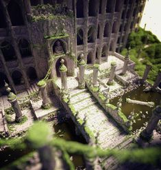 a model of an old building with moss growing on the floor and walls, in front of a pond