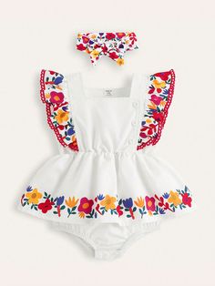 Baby Girl Summer Casual Floral Printed Romper With Ruffle Hem White   Sleeveless Woven Fabric Cartoon,Floral,Plants,All Over Print Other Non-Stretch  Baby Girls Clothing, size features are:Bust: ,Length: ,Sleeve Length: White Sleeveless, White Collar, Girls Clothing, Floral Printed, Ruffle Hem, Summer Casual