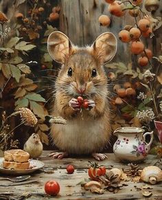 a painting of a mouse eating food on a table