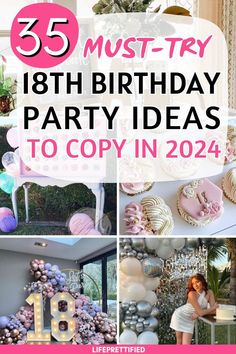 birthday party ideas for girls with pink and purple decorations, balloons and cake on display