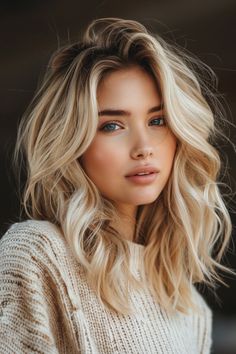 Woman with wavy blonde hair wearing a beige knit sweater. Blonde Hair Color Ideas Green Eyes, Blonde Hair Color Inspiration, Blonde Hair Color Ideas For Fall Winter Balayage, Blonde Fall Hair Color, Blonde Root Melt, Blonde Hair For Fall, Two Tone Hair Color Ideas, Fall Hair Colors For Blondes, Hair Colors For Blondes