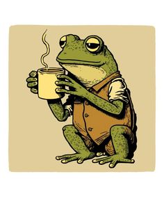 a frog is holding a cup in his hands