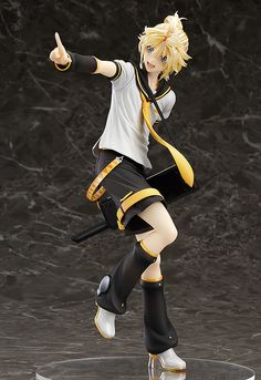 a figurine is posed in front of a black background with white and yellow accents