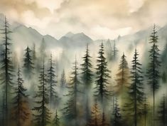 a painting of trees and mountains in the fog