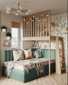 a room with a bed, ladder and wallpaper