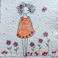 a drawing of a girl with flowers and butterflies