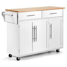 a white kitchen island with two drawers on wheels