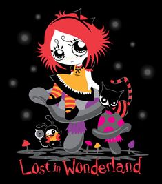 a cartoon character with red hair and makeup holding onto another character in front of the caption, lost in wonderland