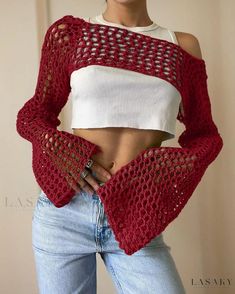 Lasaky - Elegant Hollow Knit Sweater: Solid Color, Round Neck, Long Sleeves, and Knitted Cardigan Hollow Sweater, Cutout Sweater, Mesh Blouse, Long Sleeve Knitted Cardigan, Cropped Pullover, Estilo Chic, Sweater Collection, Summer Knitting, Knit Crop Top