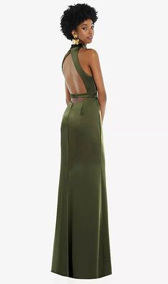 LB037- High-neck backless maxi dress with slim belt by Dessy Collection Ardmore, PA Backless Maxi Dress With Keyhole Back For Night Out, Party Backless Maxi Dress With Cutout Back, Formal Evening Dress With Keyhole Back In Maxi Length, Formal Maxi Evening Dress With Keyhole Back, Formal Evening Dress With Keyhole Back, Elegant Green Maxi Dress With Back Opening, Floor-length Maxi Dress With Back Opening For Night Out, Chic Backless Maxi Dress With Keyhole Back, Maxi Dress With Closed Back For Evening