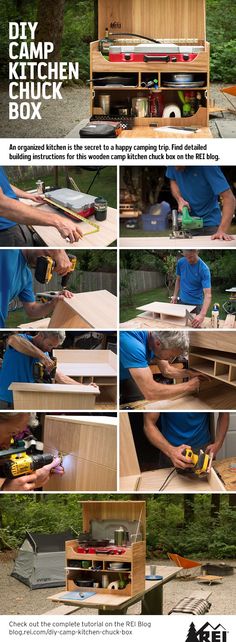 the instructions for how to make a diy camp kitchen box