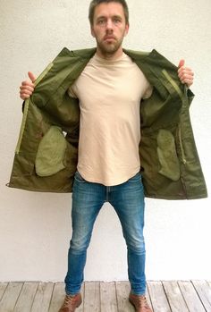 "Military camouflage green jacket, army khaki jacket, olive green coat, field jacket, outdoor jacket, men military uniform, authentic military XL/L Comfortable and good looking outdoor authentic military jacket with zipper closure. Jacket has two chest pockets and two side pockets. There is place to stick your name on chest pocket. Size: seems like women (XL) and men (L) PLEASE CHECK ALL MEASUREMENTS BELLOW Length: 82 cm/ 32\" Shoulder to shoulder: 52 cm/ 21\" Sleeve: 63 cm/ 25\" Chest: 110 cm/ Military Style Outerwear For Hiking With Multiple Pockets, Military Style Hiking Outerwear With Multiple Pockets, Military Outerwear With Multiple Pockets For Hiking, Khaki Techwear Windbreaker For Hunting, Khaki Hunting Techwear Outerwear, Khaki Techwear Parka With Pockets, Khaki Hiking Parka With Pockets, Khaki Hiking Outerwear With Side Pockets, Khaki Techwear Utility Jacket With Multiple Pockets