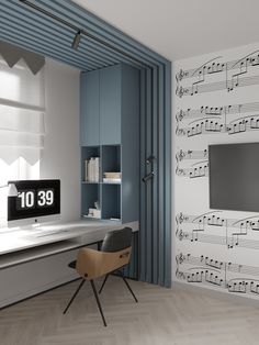 a room with musical notes on the wall and a chair in front of it,