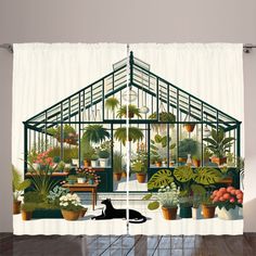 a cat is sitting in front of a greenhouse with potted plants