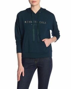 $269 KENNETH COLE WOMENS GREEN LOGO CROPPED HOODED PULLOVER SWEATER TOP SIZE XXS Description A flattering pullover cropped hoodie features bold front logo lettering for casual-chic style. Drawstring hood. Long sleeves. Kangaroo pocket. Front logo. Approx. 23" length (size S). Body: 63% polyester, 34% viscose, 3% elastane. Bust: 32". Waist: 24". Hips: 34". Model is wearing size S. Machine wash. Imported. About Us We sell only 100% authentic clothing from new with tags to gently used. We have a 10