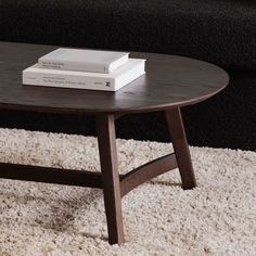 a coffee table with two books on top and a black couch in the back ground