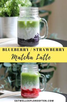 blueberry and strawberry matcha latte recipe in a mason jar with text overlay