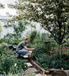 a man sitting on a bench in the middle of a garden