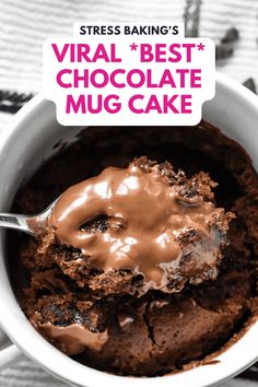 a close up of a bowl of chocolate mud with a spoon in it and the words virtual best chocolate mug cake