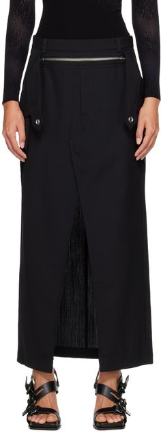 Wool graine de poudre skirt. · Belt loops · Zip detailing at waist · Four-pocket styling · Zip-fly · Slit at hem · Concealed zip closure at back Supplier color: Black Ageless Style, Dion Lee, Skirt Belt, Mid Length Skirts, Black Midi Skirt, Denim Midi Skirt, Leather Mini Skirts, Black Bottoms, Apparel Accessories