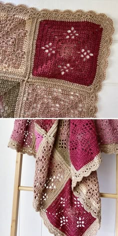 crocheted blanket hanging on the wall next to an old ladder with a red and beige afghan draped over it