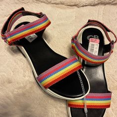 Fun Comfy Cute Casual Rainbow Round Toe Sandals, Casual Rainbow Sandals, Casual Rainbow Synthetic Sandals, Beige High Heels, Ankle Wrap Heels, Beige Wedges, Purple Heels, Ankle Tie Sandals, Ankle Strap Block Heel