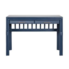 a blue console table with two drawers on one side and an open drawer at the top