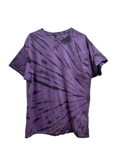 Purple and black tie-dye Unisex tee, 100% cotton, pre-washed and pre-shrunk Hanes,  Fruit of the Loom, or Gildan Tee. May fit small or shrink more if high heat settings are use when washing and drying due to 100% cotton fabric.  *Shipped product may look slightly different due to each item being hand made and potential variety in tee brand due to vendor size availability* Black Tie Dye, Fruit Of The Loom, The Loom, Costume Design, Black Tie, Purple And Black, Batik, Short Sleeve Tee, Gender Neutral