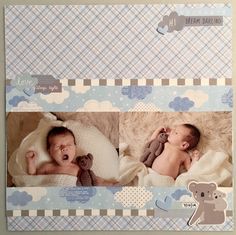 two photos of a baby and a teddy bear on a blue checkered background with clouds