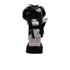 a black and white doll with pink flowers on it's head, standing in front of a white background