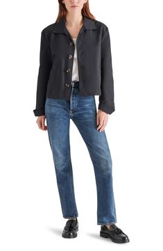 This trench-inspired shirt-jacket is cut from durable cotton and nylon with minimal detail for contemporary charm. 23 1/2" length (size Small) Front button closure Spread collar Long sleeves with button cuffs 70% cotton, 30% nylon Machine wash, tumble dry Imported Concert Looks, Sweaters And Leggings, Nordstrom Store, Kids Boots, Baby Size, Black Fits, Toddler Sizes, Jeans Dress