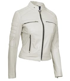 Off White Slim Fit Leather Jacket For Women
Indulge in sophistication with our Women's Padded Off White Fitted Biker Leather Jacket. Meticulously tailored for a sleek fit, this jacket boasts padded insulation for both style and warmth. The biker-inspired design adds an edgy touch, making it a versatile and fashionable addition to your wardrobe. Elevate your look with this chic and cozy statement piece. Peplum Leather Jacket, Asymmetrical Leather Jacket, Racer Leather Jacket, Clubwear Tops, Cafe Racer Leather Jacket, Cafe Racer Design, Varsity Jacket Women, White Cafe, Off White Jacket